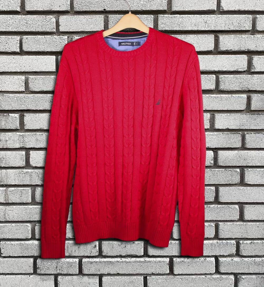 Nautica Red Cable Knit Cotton Crewneck Sweater Men's Size L
